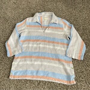 Cynthia Rowley Shirt Women’s M Blue Orange Stripe Linen Colorful V Neck Beachy
